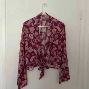 Burgundy paisley print wrap tie top